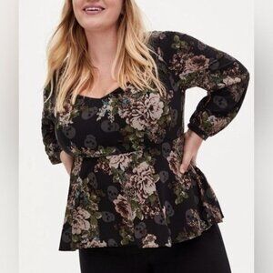 Torrid Rose & skull print peplum blouse size 0 Large black goth emo LS sweethear